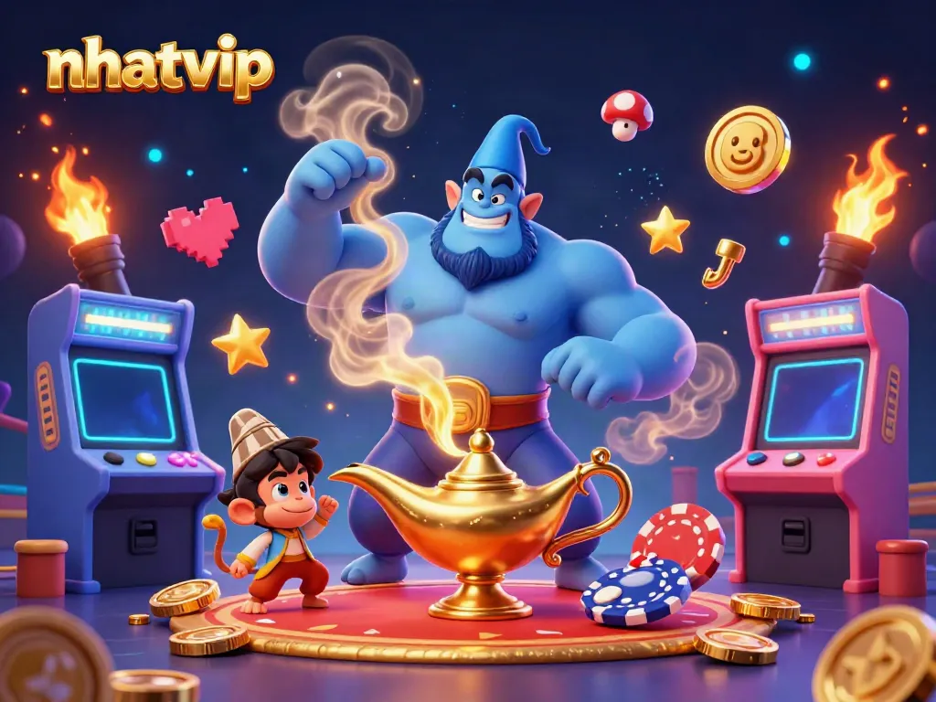 Nhatvip gaming scene with a genie and poker chips, showcasing vibrant casino excitement.