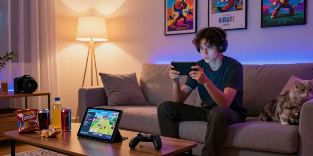 Person enjoying a Mod apk game in a cozy living room, surrounded by snacks and gaming accessories.