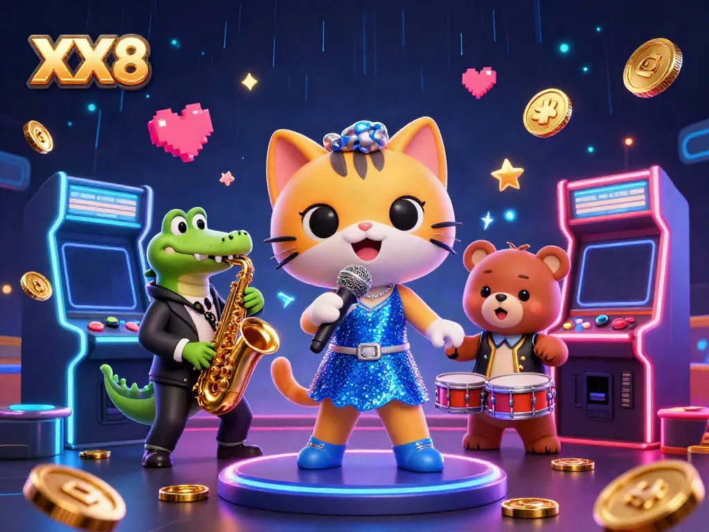 Engage in thrilling gaming with XX8 as a jazz-singer cat performs on stage in a vibrant casino.