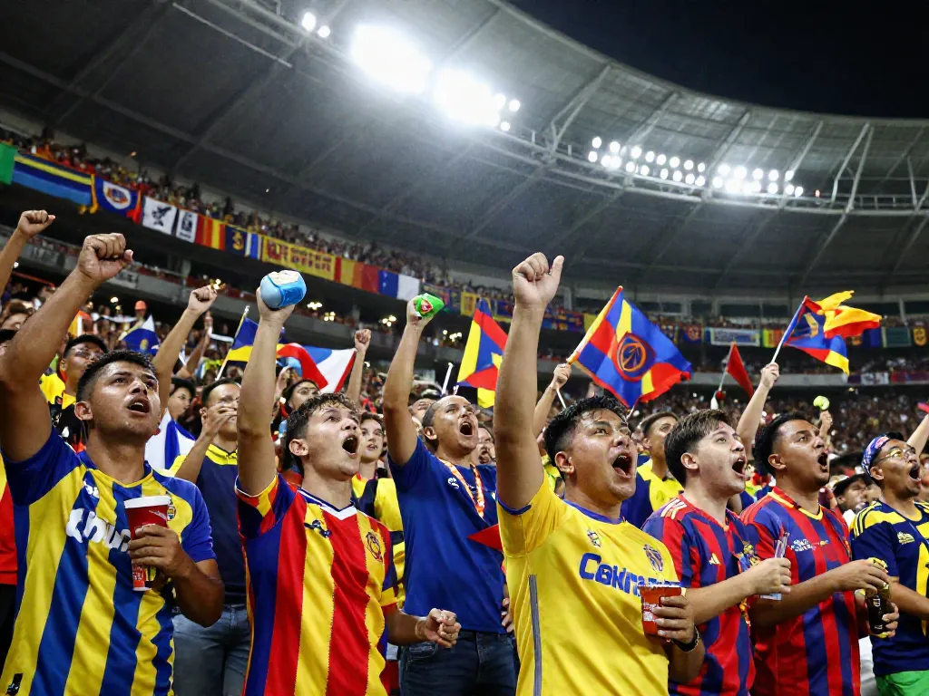 Vibrant soccer fans celebrating during a match in a packed stadium, showcasing their passion for the sport in colorful jerseys while enjoying the exhilarating atmosphere.