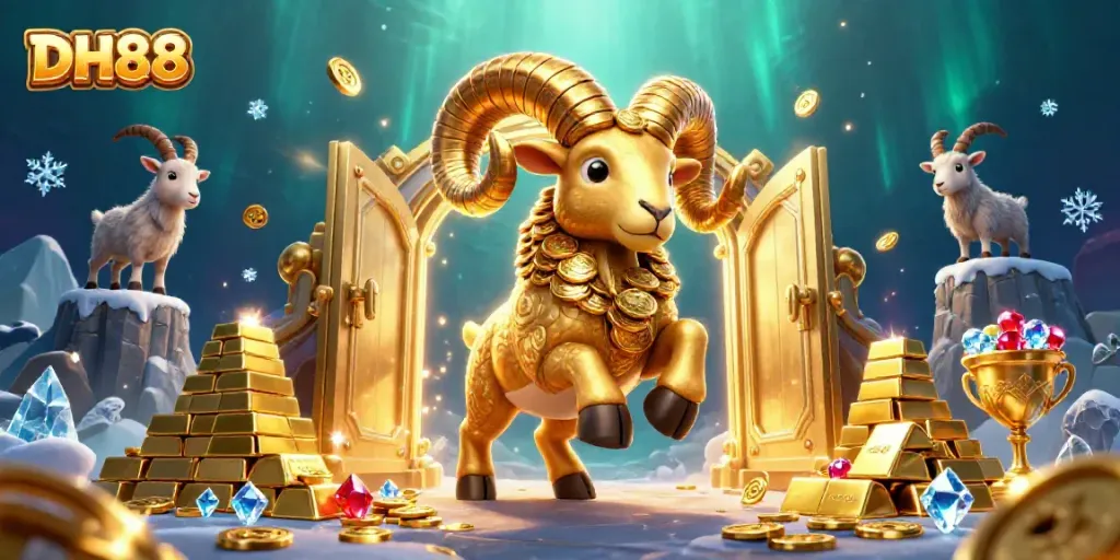 Engage with DH88's thrilling golden ram amidst treasures in this vibrant casino world.