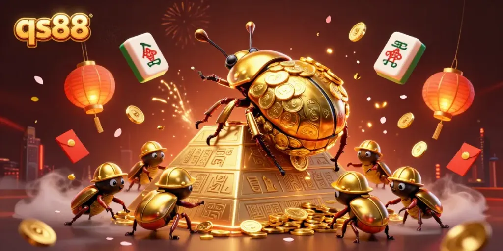Experience the thrill of qs88 with a lively casino-themed illustration featuring lucky symbols and golden beetles.