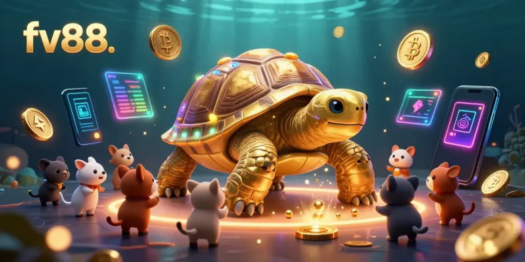 Experience the exciting world of fv88 with a vibrant casino scene featuring a golden tortoise pinball machine surrounded by crypto coins.