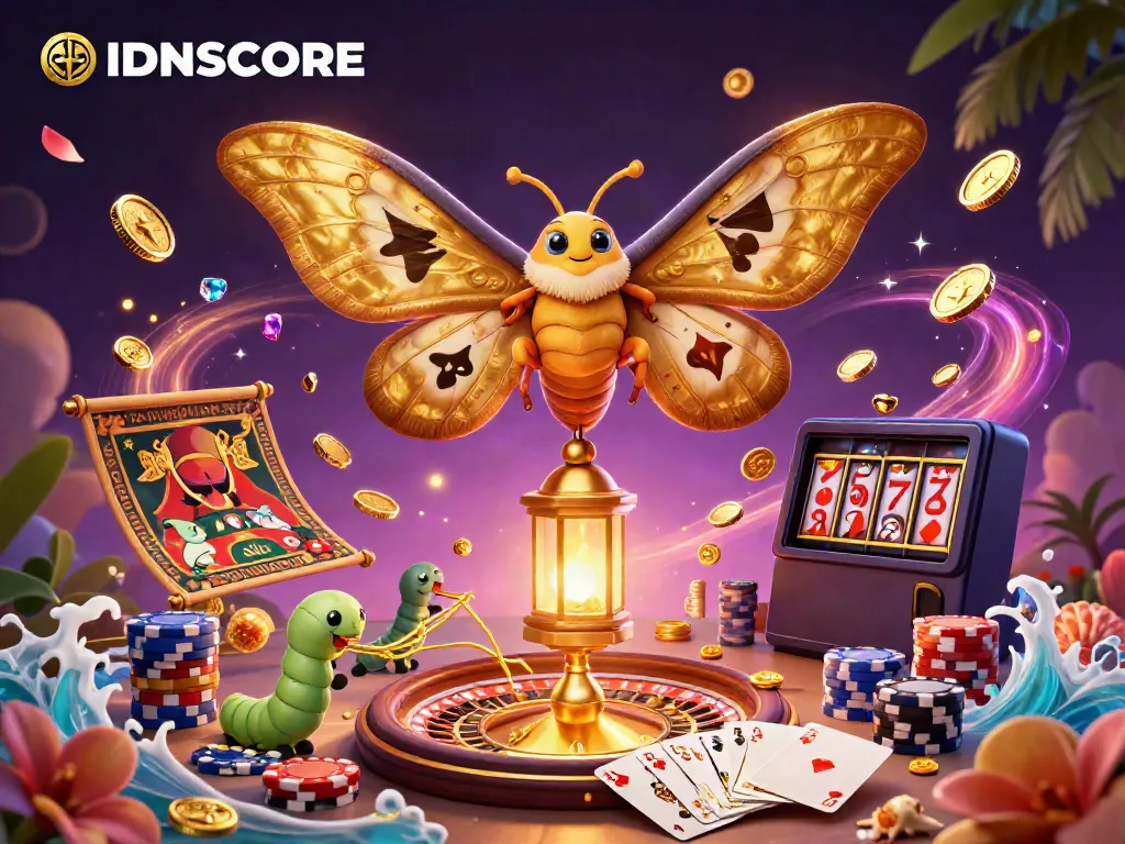 Experience the allure of IDNSCORE with a vibrant 3D scene of casino elements and golden motifs.