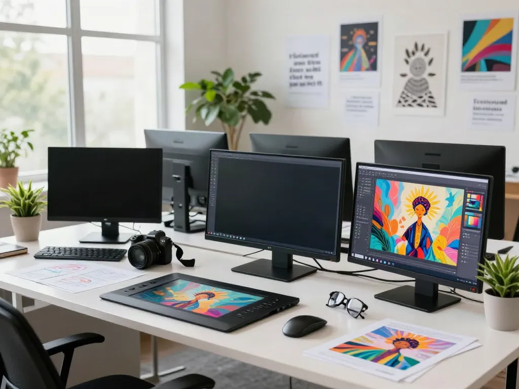Designer generating AI image variations in a vibrant workspace.
