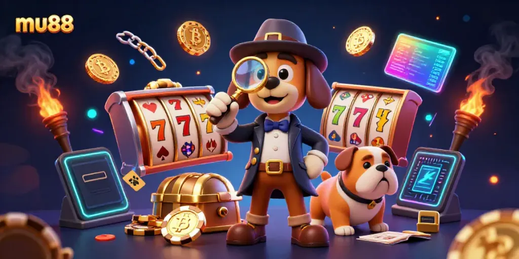 Experience thrilling gameplay at mu88 with a detective and companion exploring golden poker chips and slot games.