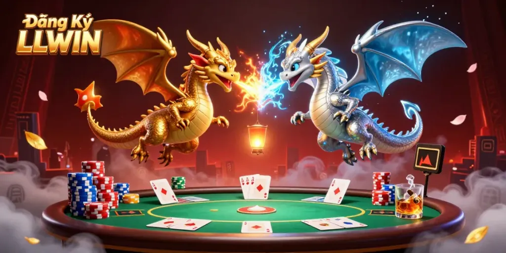 Win big with Đăng Ký LLWIN – a vibrant gaming scene featuring dragons and poker elements.