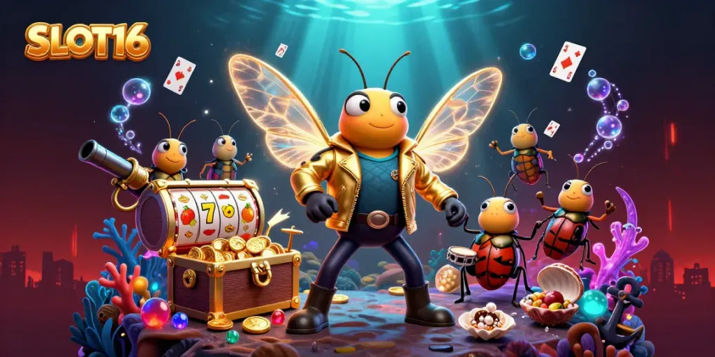 SLOT16 reveals a dynamic casino scene with a rock star cicada and vibrant slot reels.