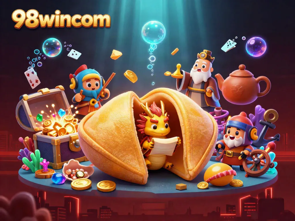 Experience the exciting world of 98wincom with a vibrant 3D illustration featuring legendary characters and treasure-filled scenarios.