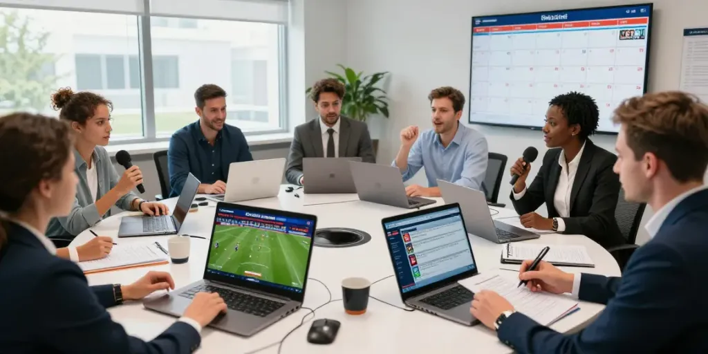 Live sports newsroom discussing ผลบอลสด updates with diverse journalists.