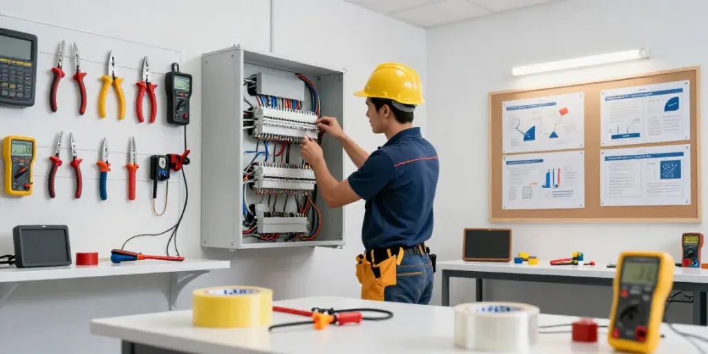 Professional electrician using Link Super33 tape in a modern workshop.
