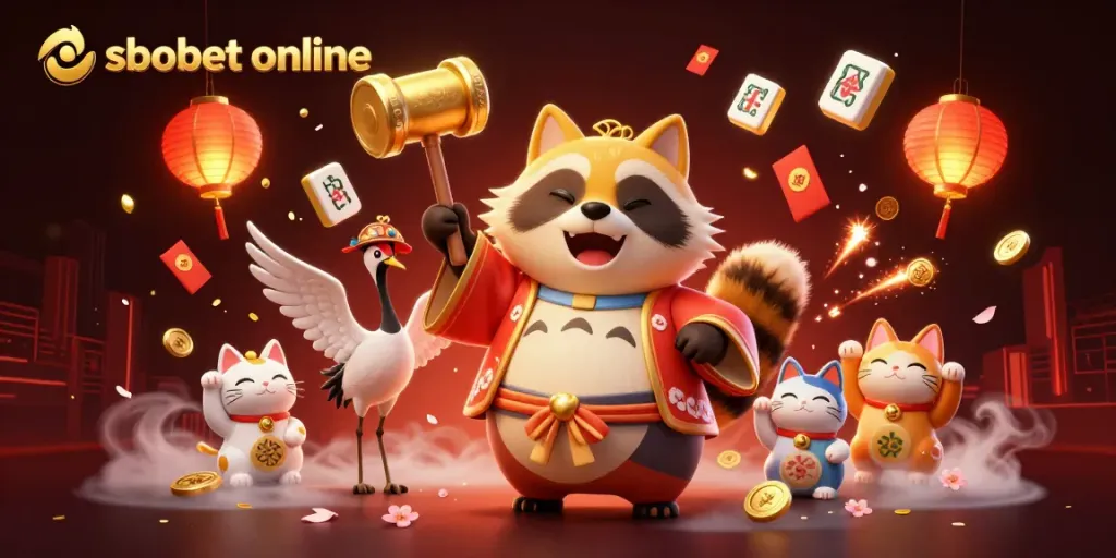Experience sbobet online gaming with festive characters and vibrant casino elements in a captivating scene.