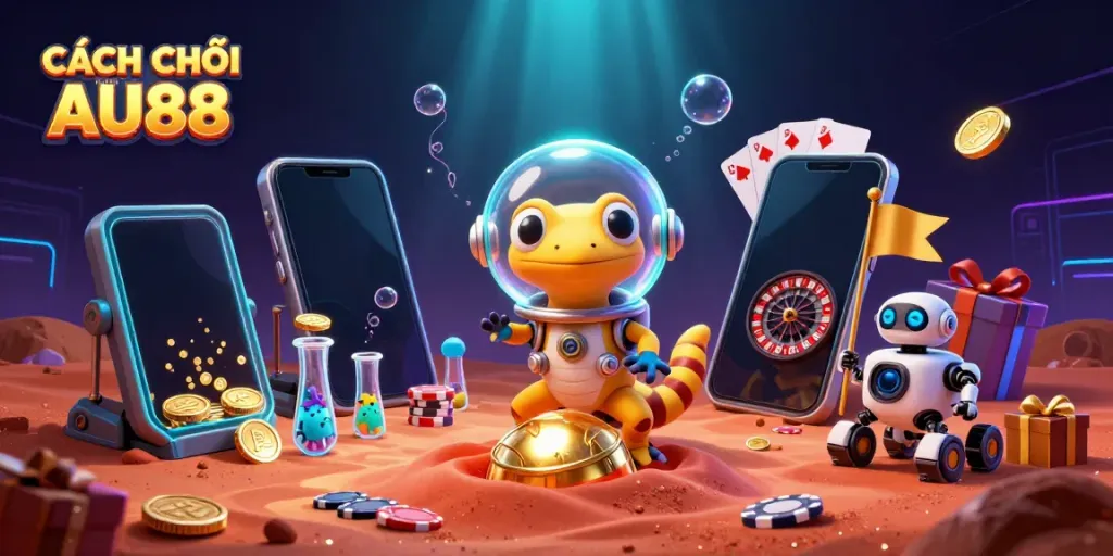 CÁCH CHƠI TIẾN LÊN AU88 showcases a Martian gecko and robot in a vibrant casino scene.