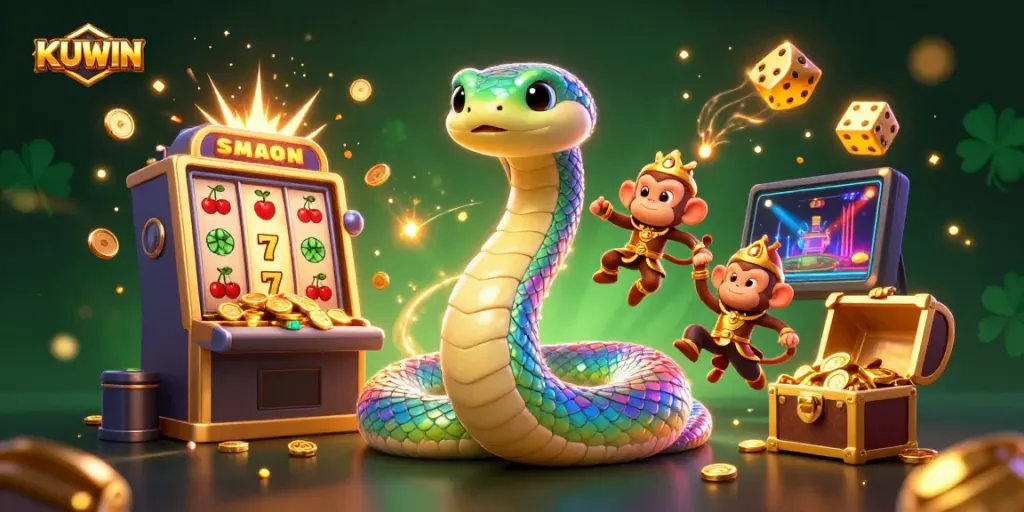KUWIN captivates with vibrant 3D casino-world featuring a rainbow serpent and a playful monkey king amid jackpot excitement.