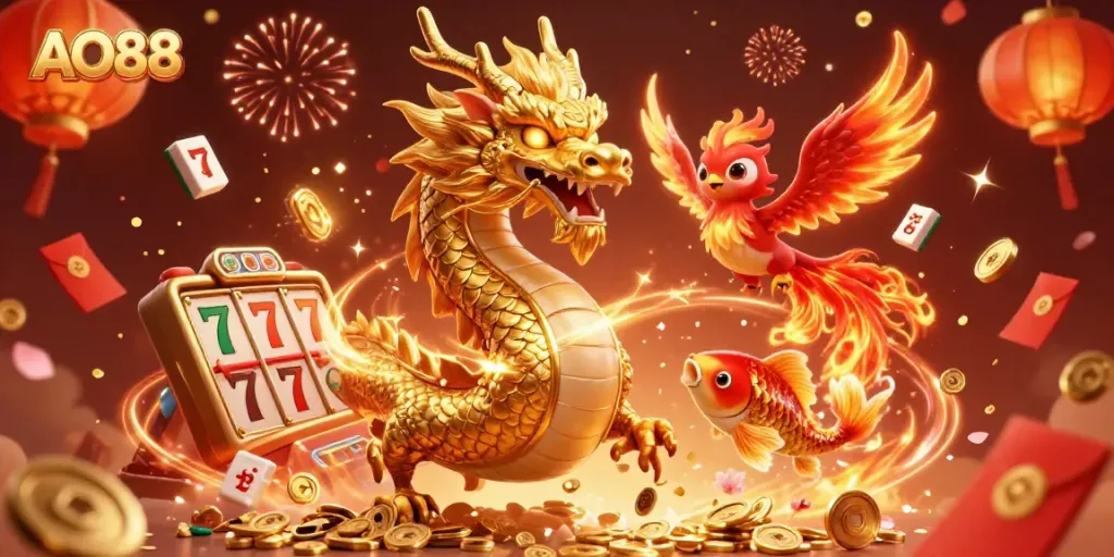 Experience thrilling adventures at AO88 with a powerful dragon, phoenix, and koi fish amidst festive casino elements.
