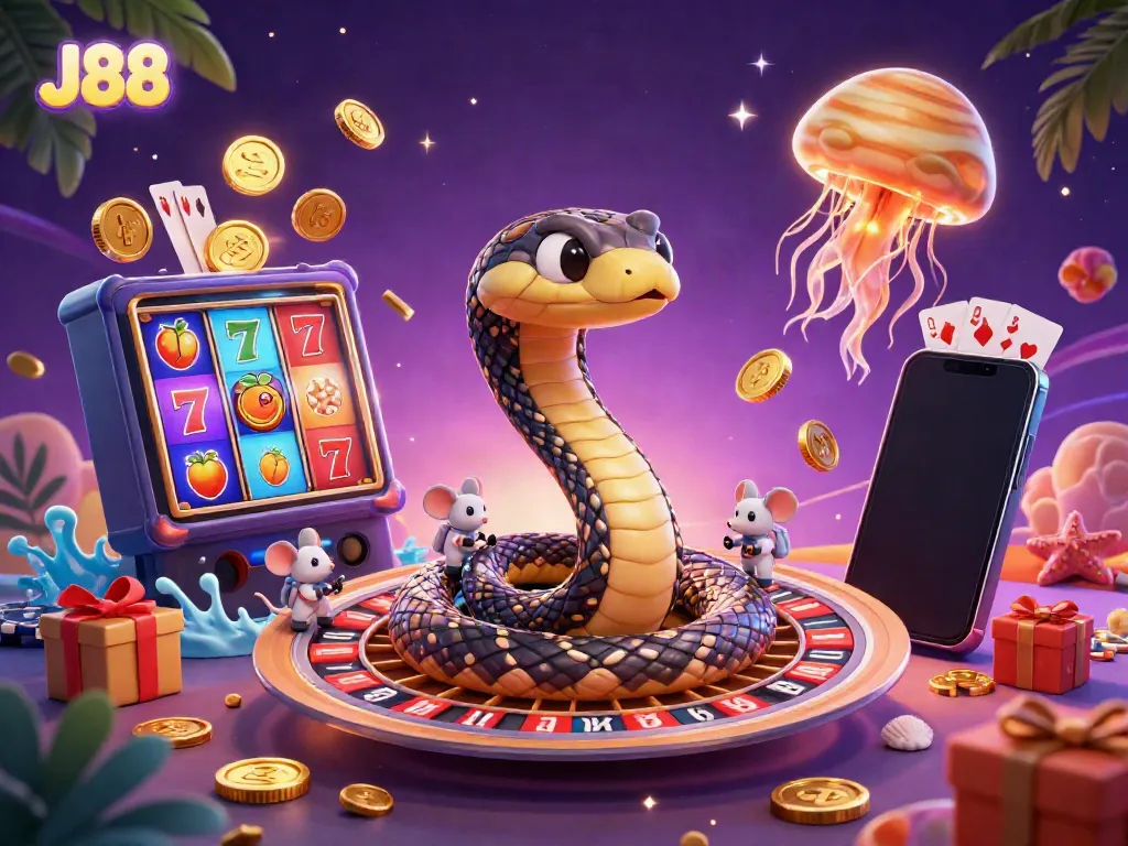 Engage with J88 in a vibrant 3D casino scene featuring a unique Saturn ring snake as a roulette wheel