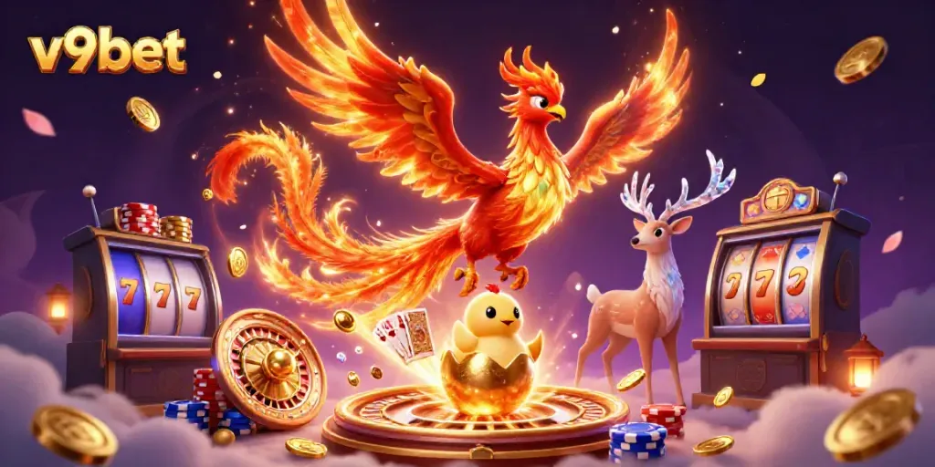 Experience the thrill of v9bet with vibrant symbols, soaring phoenix, and dazzling casino elements.