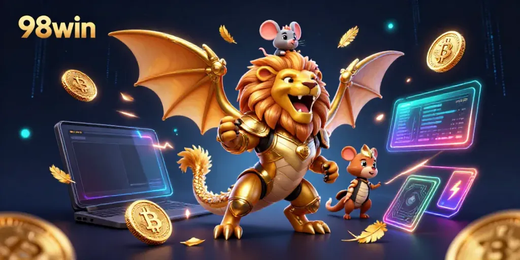 Win big with 98win, featuring a triumphant chimera and vibrant digital gaming elements.