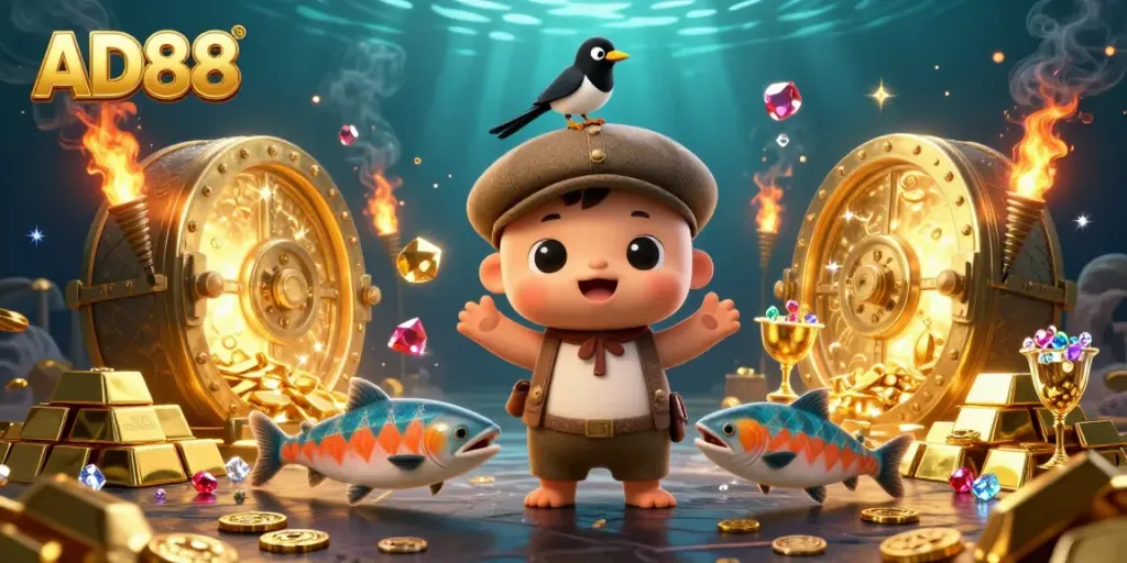 Spin the reels with AD88 as cartoon characters hunt treasures in a vibrant casino scene.