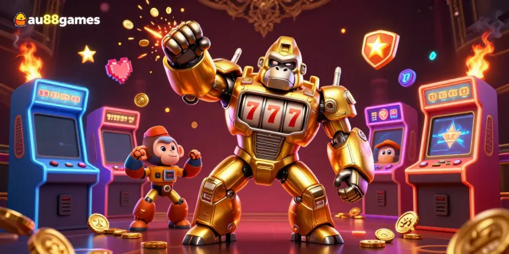 Engage with exciting gameplay at au88games featuring a captivating golden gorilla mech and casino elements.