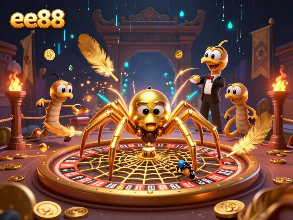 Engage with ee88 as a golden spider spins a roulette wheel web, intensifying the gaming experience.