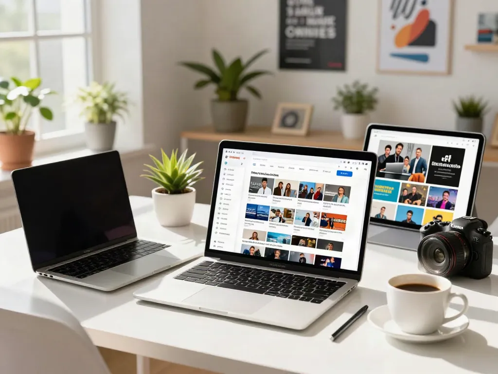 Engaging user exploring a 링크모음 site on a laptop in a bright home office setting.