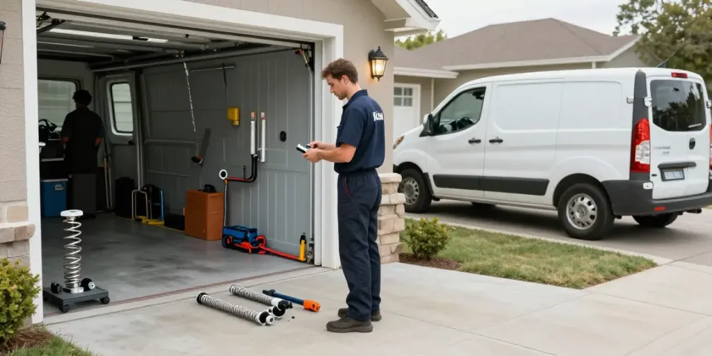 Expert technician performing garage door remote replacement service in Kiara.