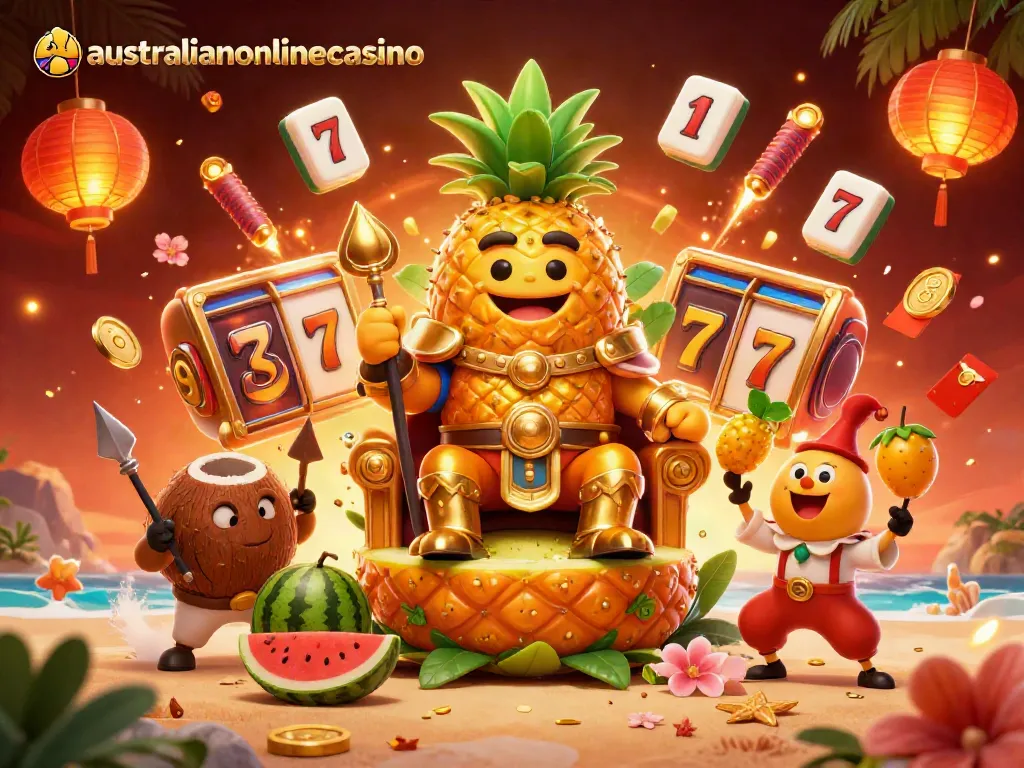 Engage with the vibrant energy of australianonlinecasino featuring a golden pineapple king, festive symbols, and a dynamic casino scene.
