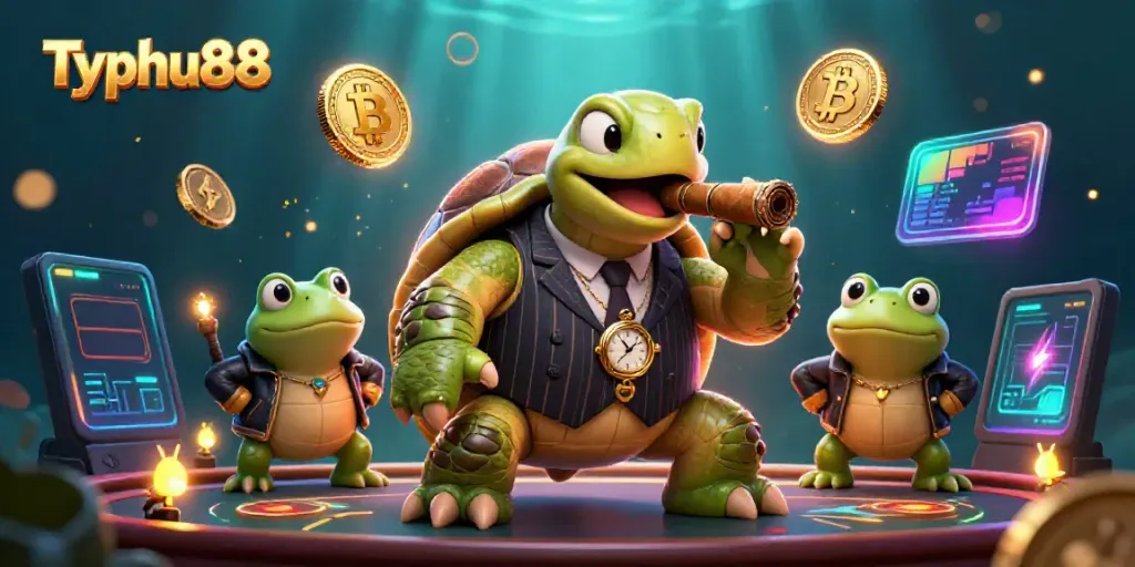 Engaging Typhu88 casino scene with turtle mobster and bullfrog enforcers amid glowing crypto elements