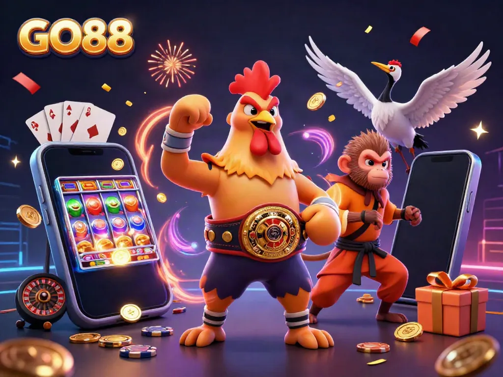 Engage with GO88's exciting casino world featuring vibrant characters, dynamic games, and joyful celebration.