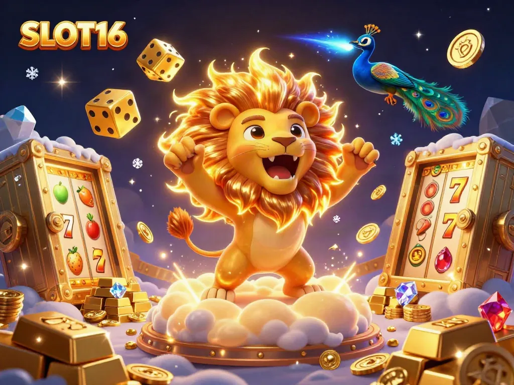 SLOT16's dynamic casino scene featuring a roaring sun lion, vivid slot reels, and shimmering treasure.