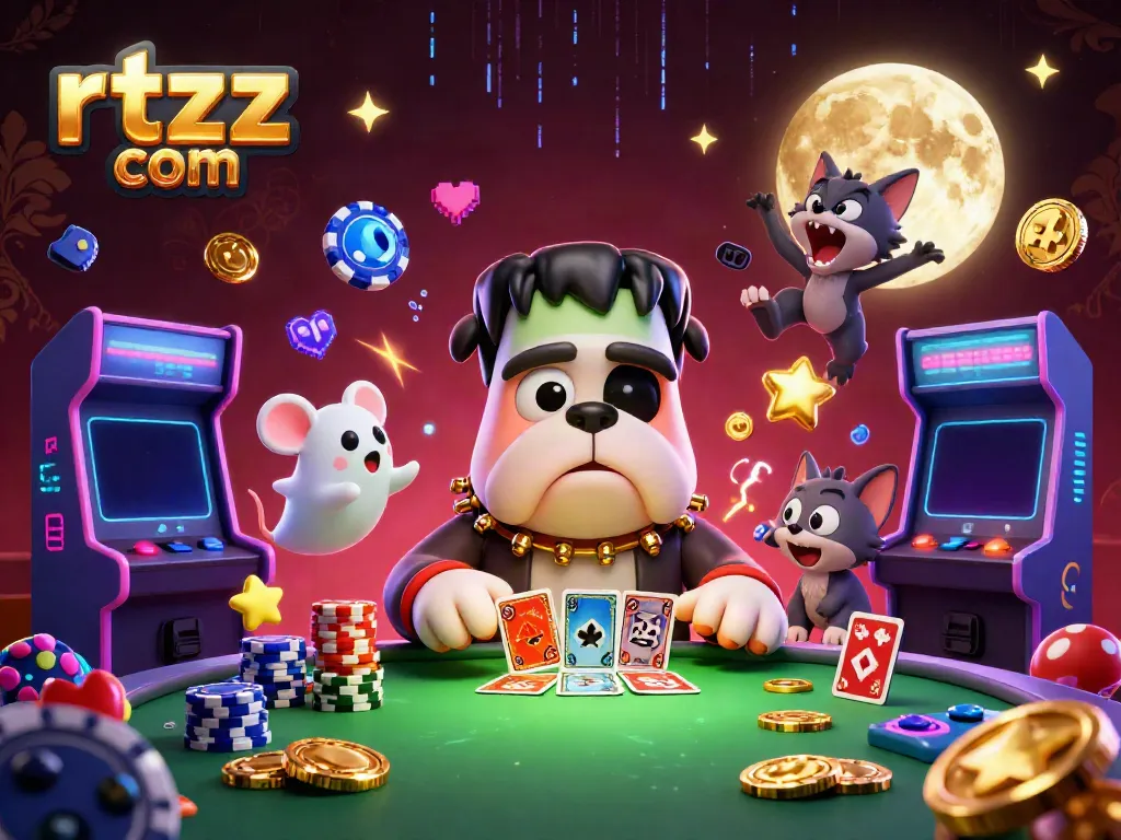 Experience the thrill of gaming at rtzz com with Frankenstein bulldog and friends in a lively casino scene.