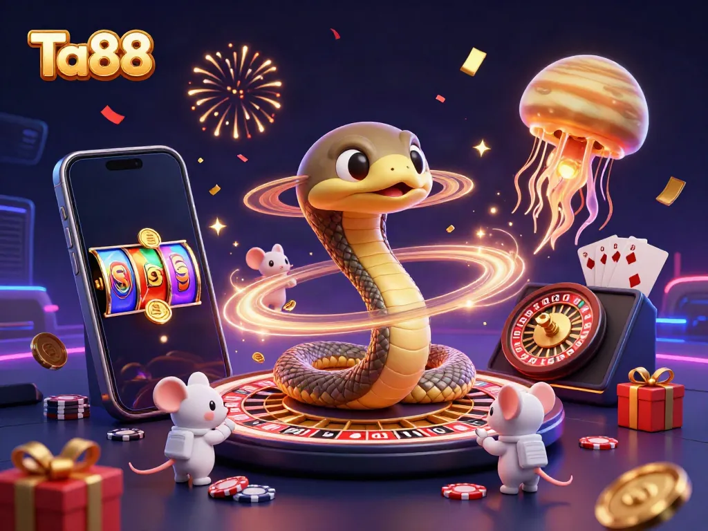 Experience the excitement of Ta88 with a thrilling cosmic casino scene featuring characters and gaming elements.