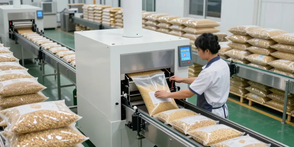 Efficient open mouth bag filling machine in a busy industrial setting.