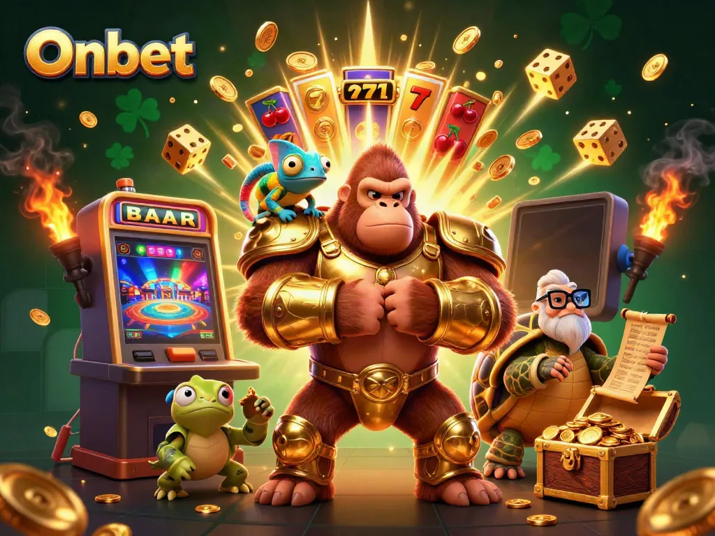 Engaging Onbet casino scene featuring a gorilla king, chameleon, and tortoise amidst dynamic slot machine elements.