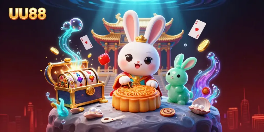 Experience the thrill of slots with UU88 in a vibrant 3D fantasy scene featuring a lunar rabbit.