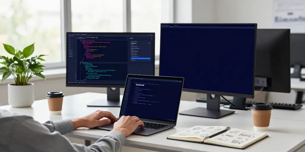 Ambiente de trabalho moderno com desenvolvedor usando YouCine APK Versão Antiga em monitores.