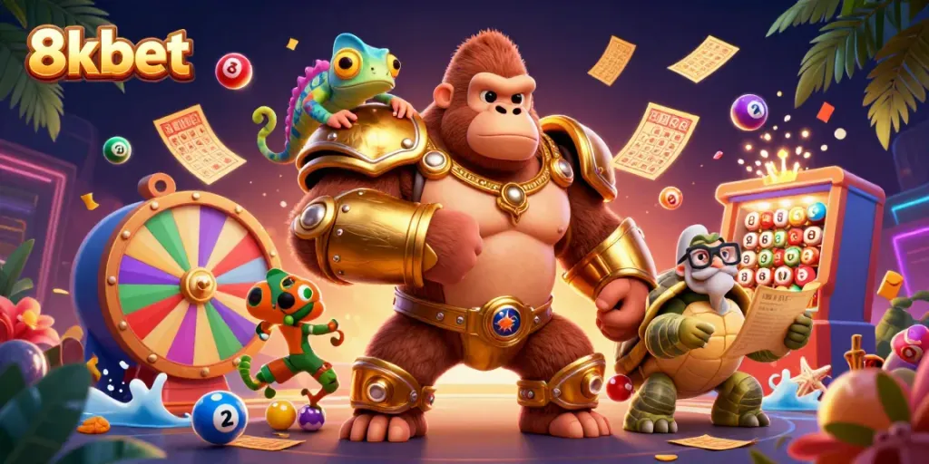 Engage in thrilling action with 8xbet's vibrant 3D casino illustration featuring a gorilla king and dynamic gambling elements.