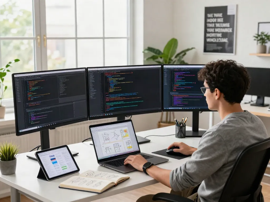 Developer coding in a modern tech workspace, showcasing collaborative design and programming with multiple screens.